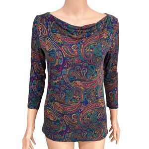 Talbots Jewel Tone Paisley Cowl Neck Stretch Top blouse size XS
